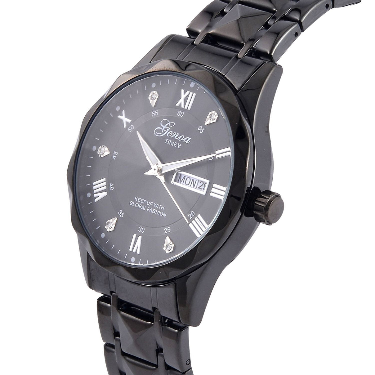 GENOA TIME V2 Quartz Movt. Crystal Studded Black Sunshine Dial 3 ATM WR Watch with Black Stainless Steel Chain Strap 7676860 3