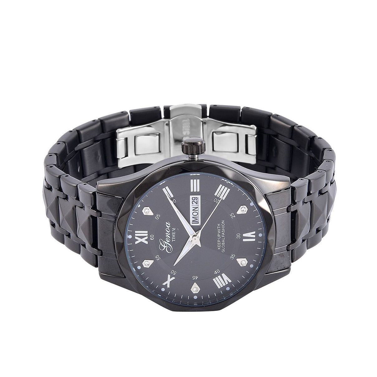 GENOA TIME V2 Quartz Movt. Crystal Studded Black Sunshine Dial 3 ATM WR Watch with Black Stainless Steel Chain Strap 7676860 4