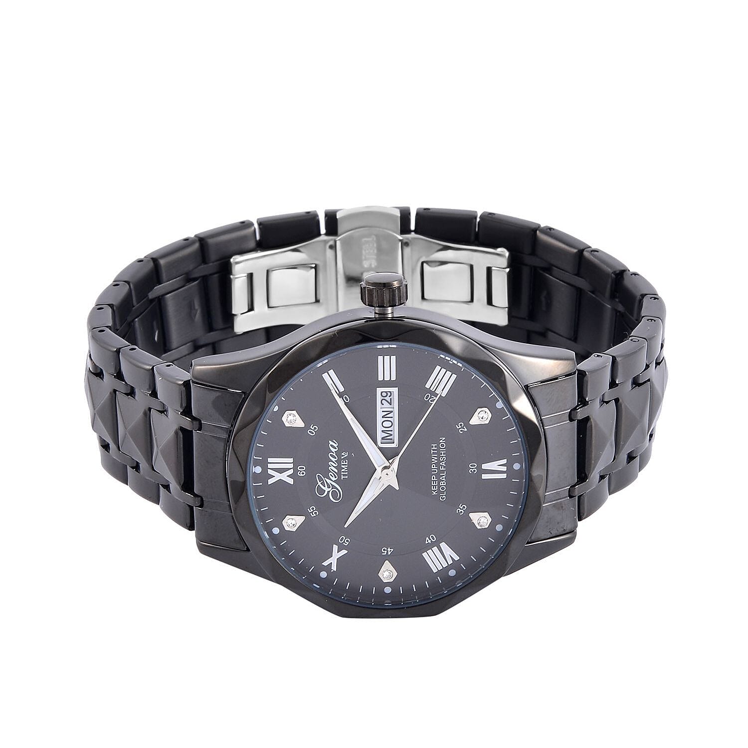 GENOA TIME V2 Quartz Movt. Crystal Studded Black Sunshine Dial 3 ATM WR Watch with Black Stainless Steel Chain Strap 7676860 4