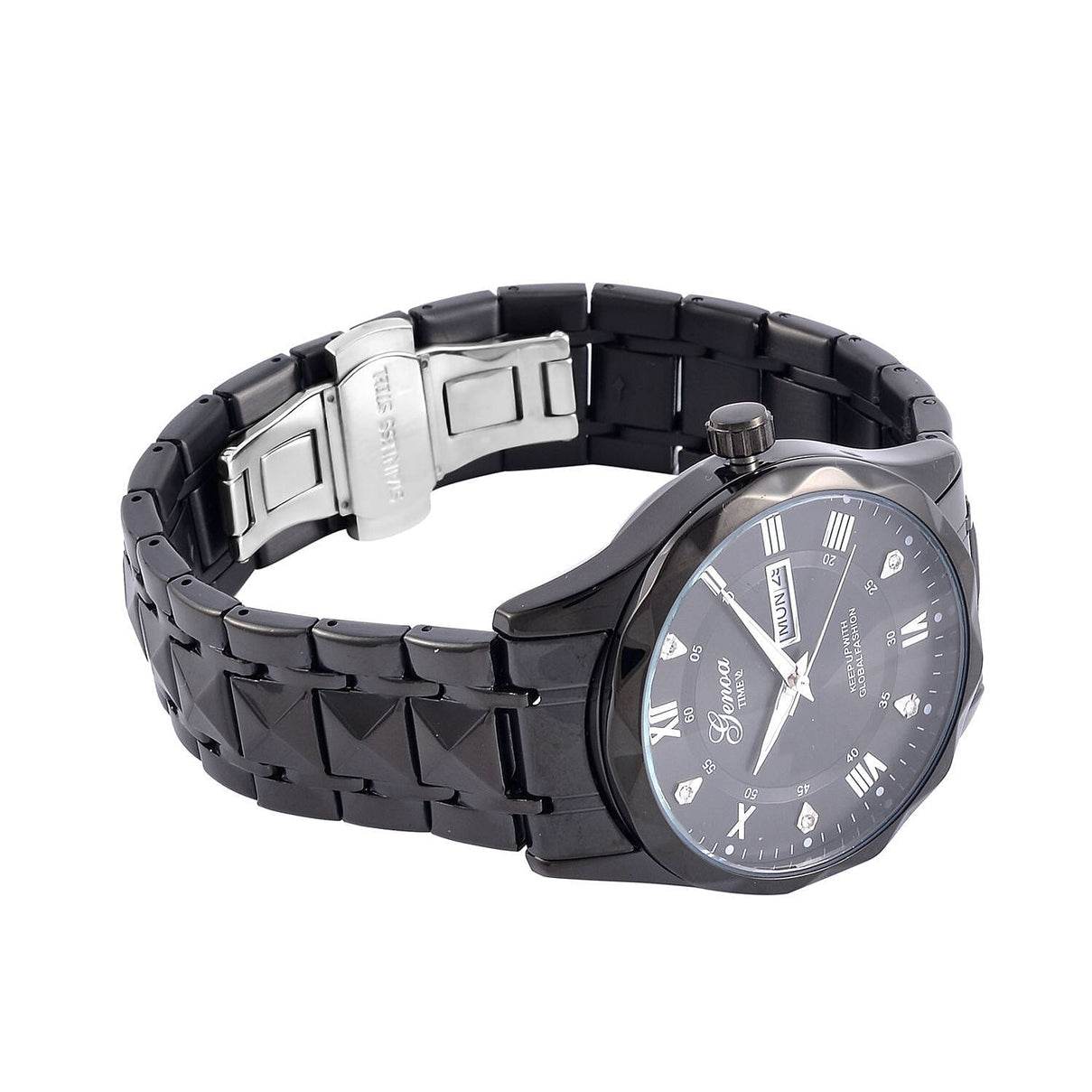 GENOA TIME V2 Quartz Movt. Crystal Studded Black Sunshine Dial 3 ATM WR Watch with Black Stainless Steel Chain Strap 7676860 5