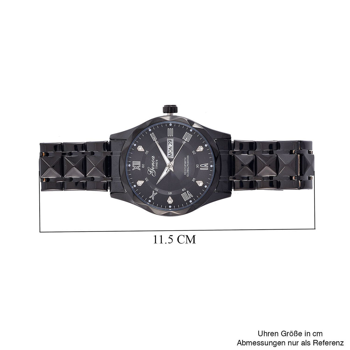 GENOA TIME V2 Quartz Movt. Crystal Studded Black Sunshine Dial 3 ATM WR Watch with Black Stainless Steel Chain Strap 7676860 7