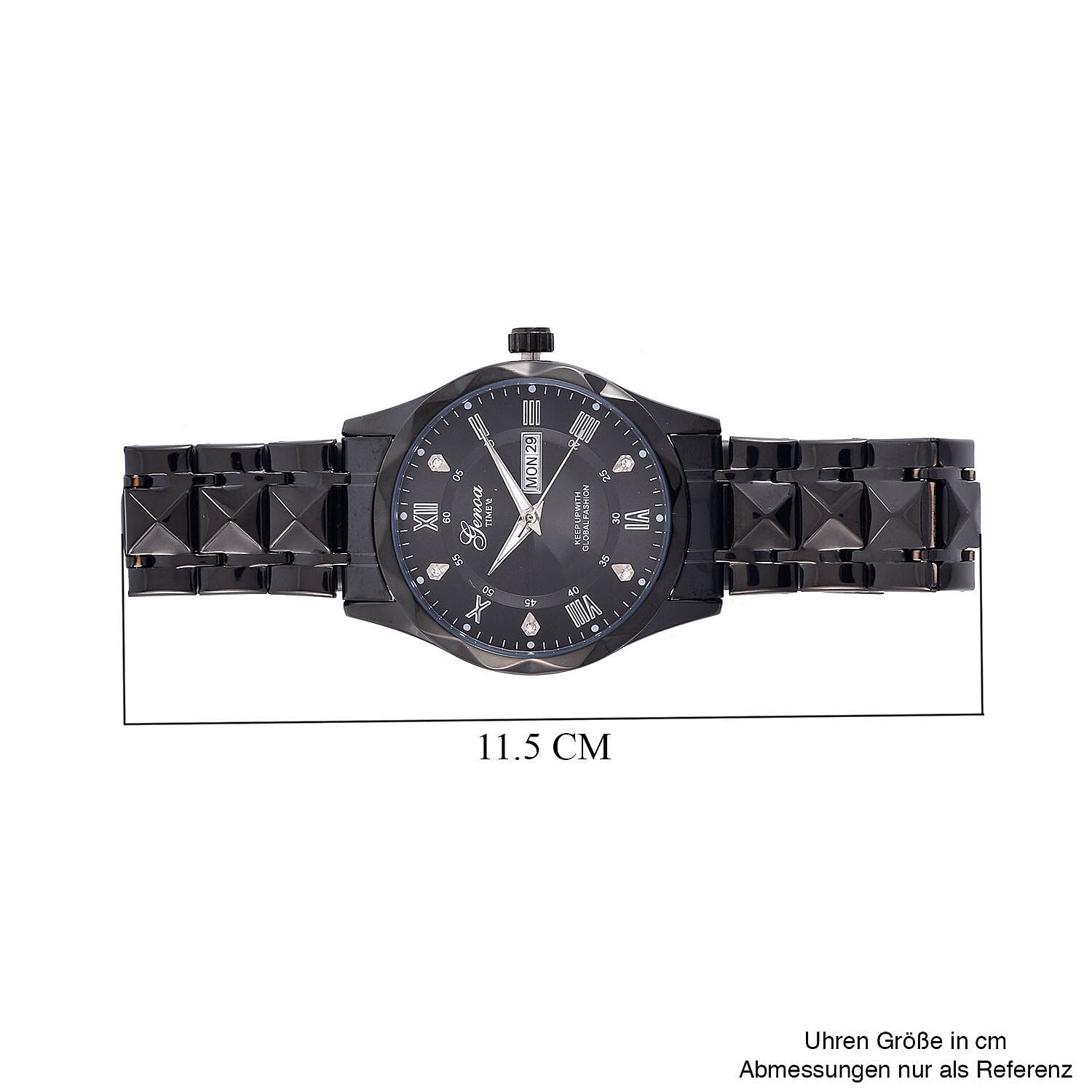 GENOA TIME V2 Quartz Movt. Crystal Studded Black Sunshine Dial 3 ATM WR Watch with Black Stainless Steel Chain Strap 7676860 7