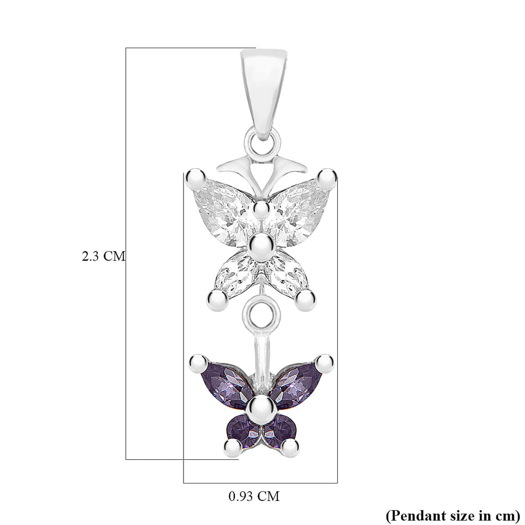 White Cubic Zirconia & Amethyst Cubic Zirconia Butterfly Pendant  Sterling Silver