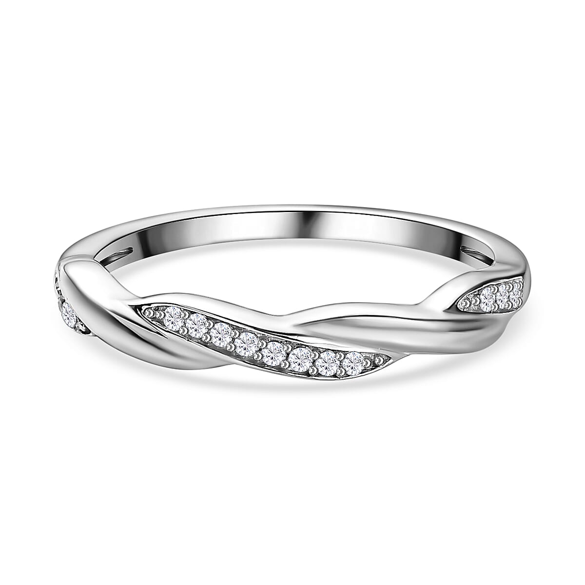 White Cubic Zirconia Twisted Band Ring in Rhodium Overlay Sterling Silver 7639607 0