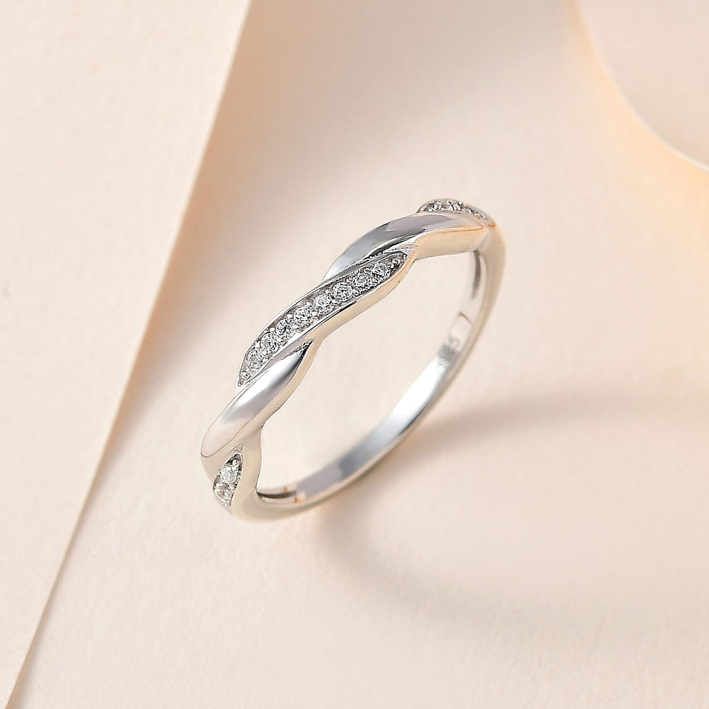 White Cubic Zirconia  Band Ring in Rhodium Overlay Sterling Silver 0.11 ct  0.112  Ct.