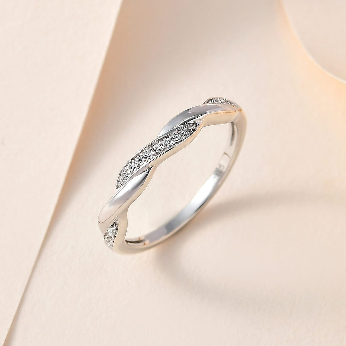 White Cubic Zirconia Twisted Band Ring in Rhodium Overlay Sterling Silver 7639607 1