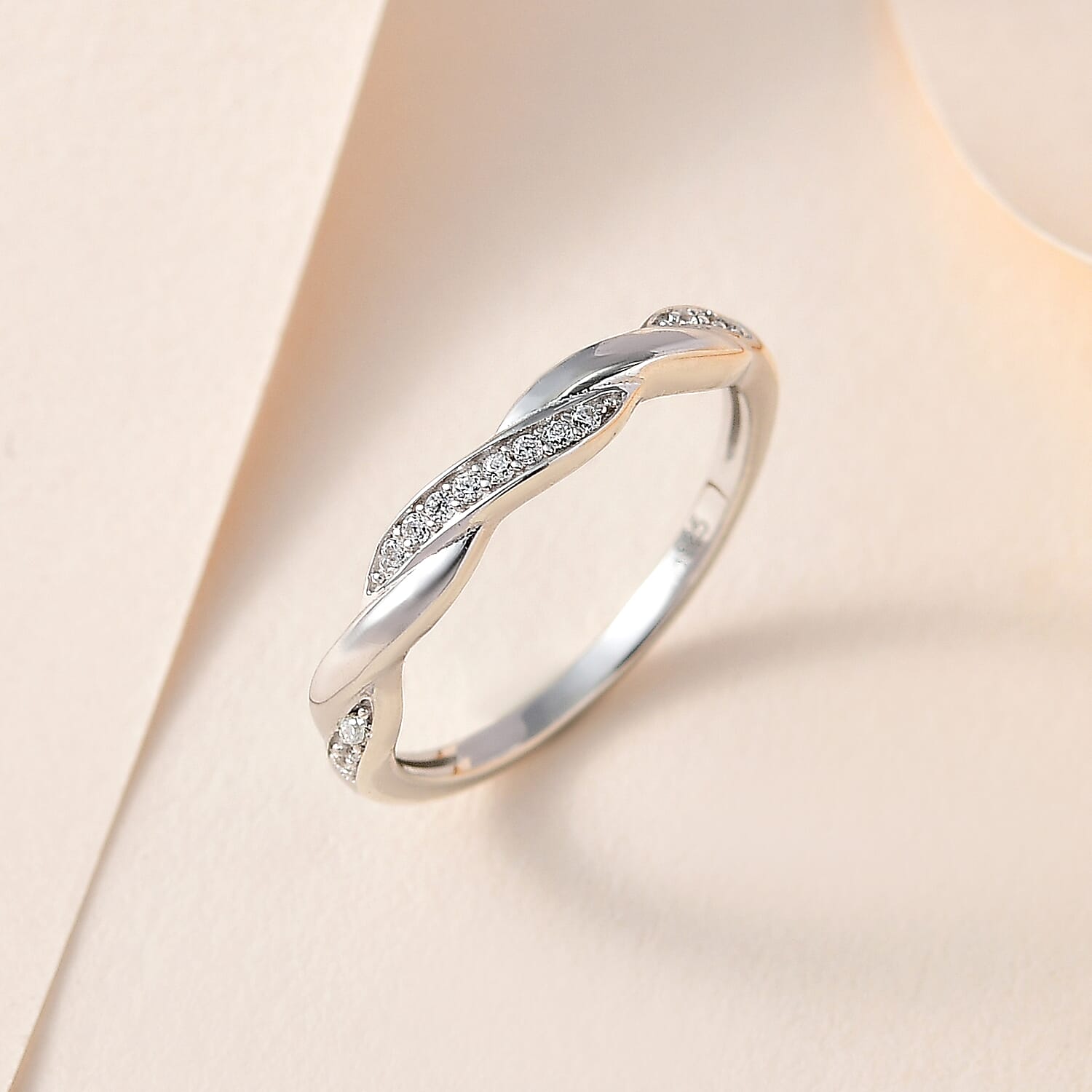 White Cubic Zirconia Twisted Band Ring in Rhodium Overlay Sterling Silver 7639607 1