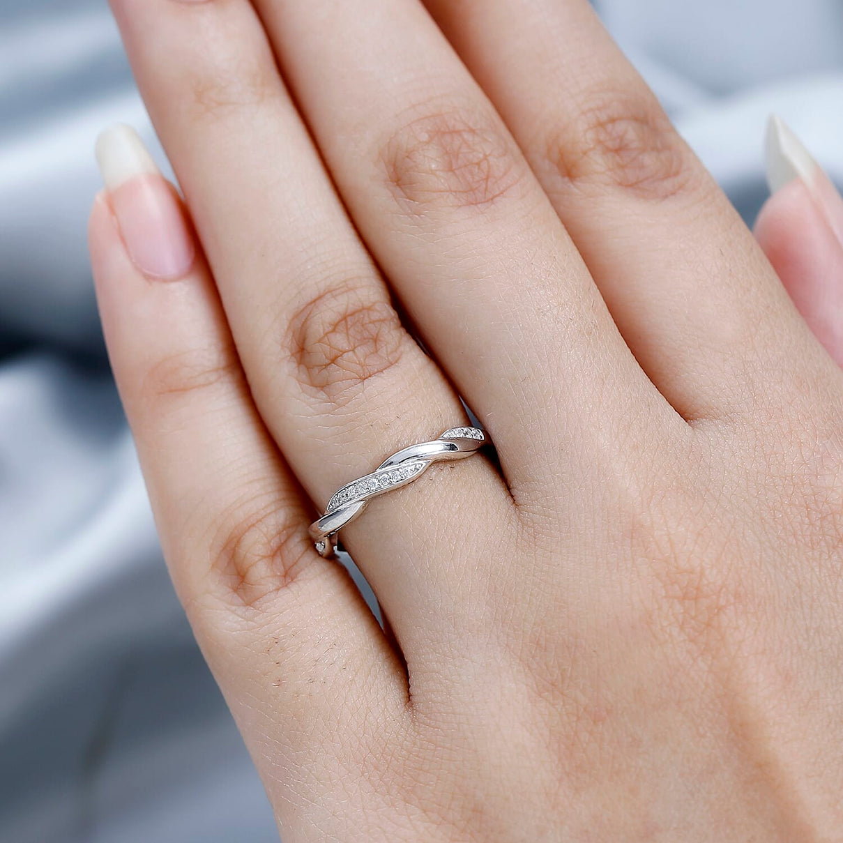 White Cubic Zirconia Twisted Band Ring in Rhodium Overlay Sterling Silver 7639607 2