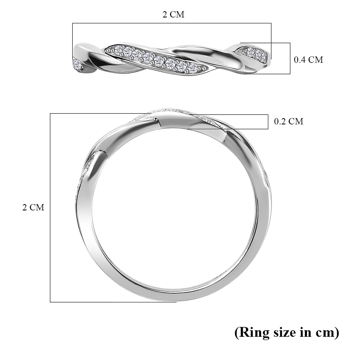White Cubic Zirconia Twisted Band Ring in Rhodium Overlay Sterling Silver 7639607 5