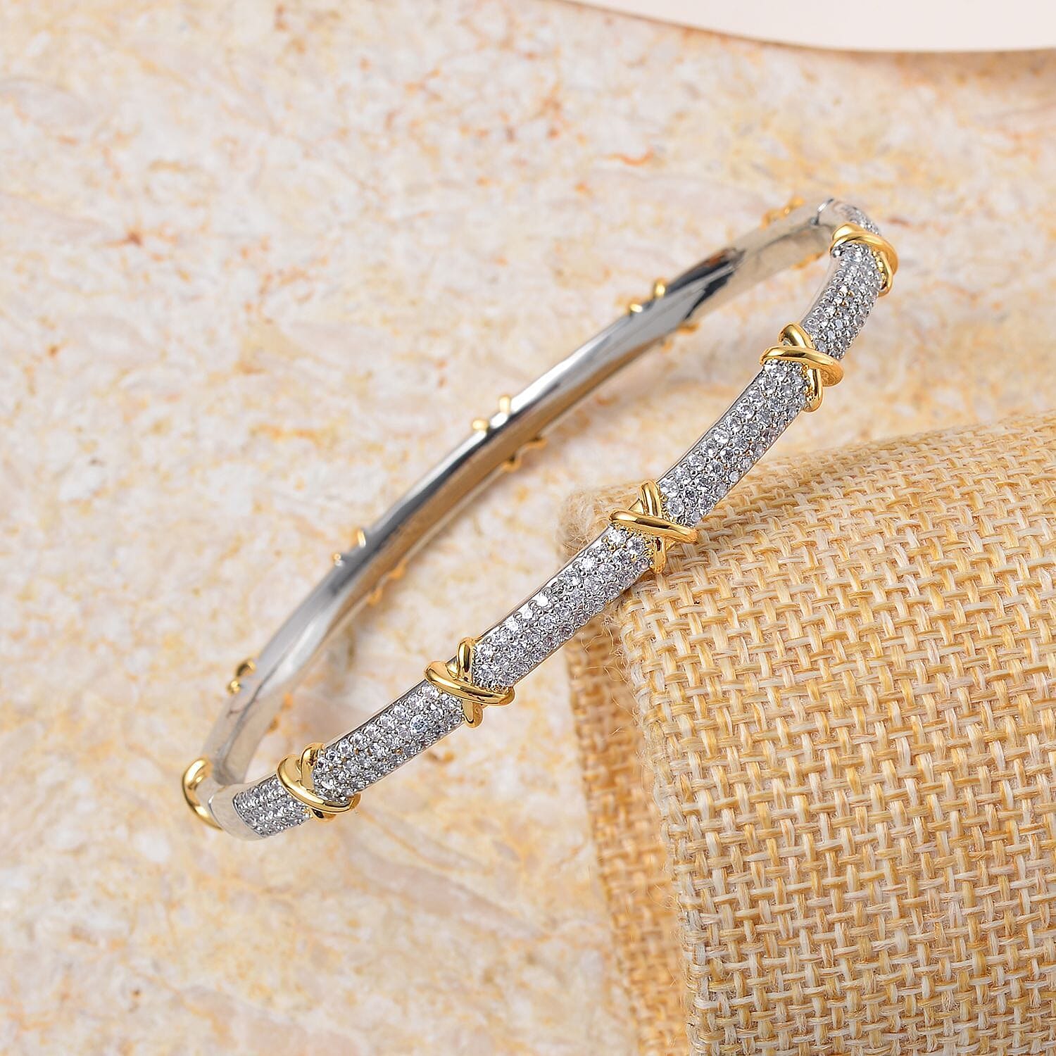 Designer Close Out - Cubic Zirconia Criss Cross Bangle in Yellow tone and Silvertone (Size - 7.5 ) 7779426 7
