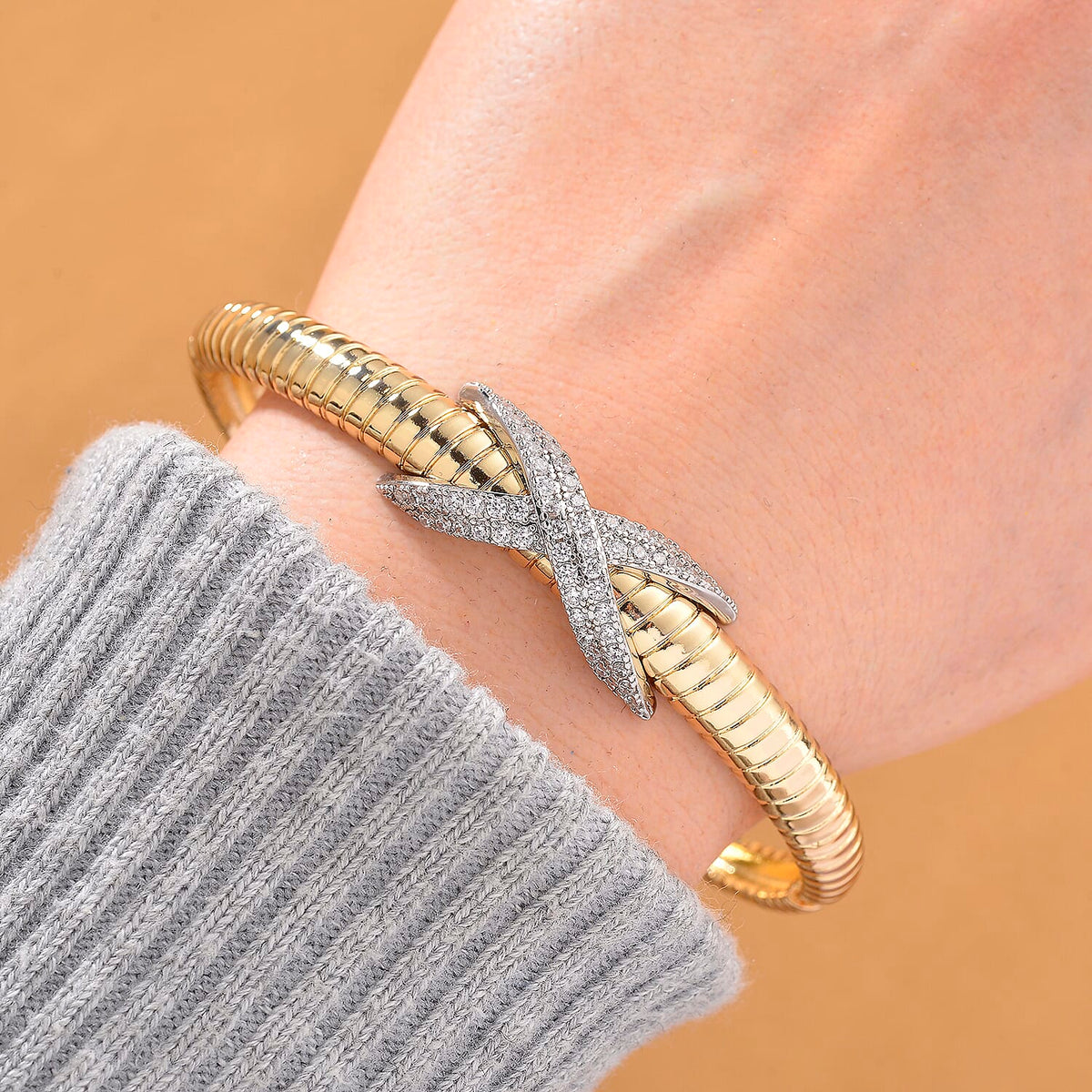 Designer Inspired- White Cubic Zirconia Bangle (Size - 7.5) in White &amp; Yellow Gold Tone 8143344 2