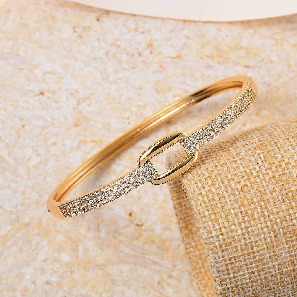 Desiner Inspired- Cubic Zirconia Bangle (Size - 7. 5) in Yellow Gold Tone