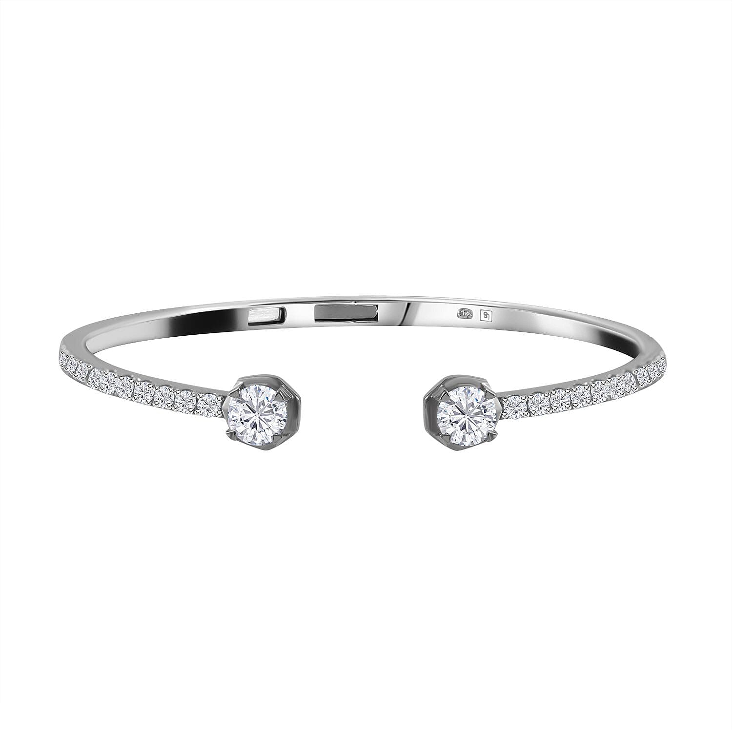 Lustro Stella - Cubic Zirconia Cuff Bangle (Size 7.5) in Rhodium Overlay Sterling Silver, Silver Wt. 13.50 GM 7698107 0