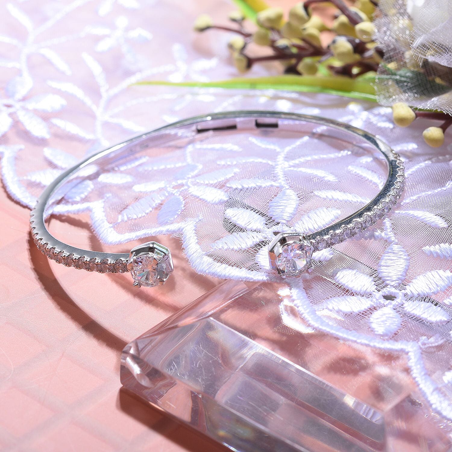 Lustro Stella - Cubic Zirconia Cuff Bangle (Size 7.5) in Rhodium Overlay Sterling Silver, Silver Wt. 13.50 GM 7698107 2