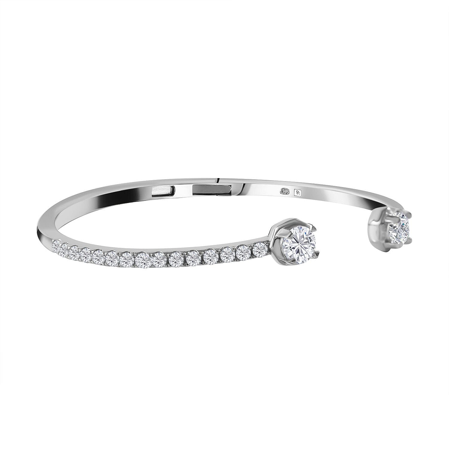 Lustro Stella - Cubic Zirconia Cuff Bangle (Size 7.5) in Rhodium Overlay Sterling Silver, Silver Wt. 13.50 GM 7698107 4