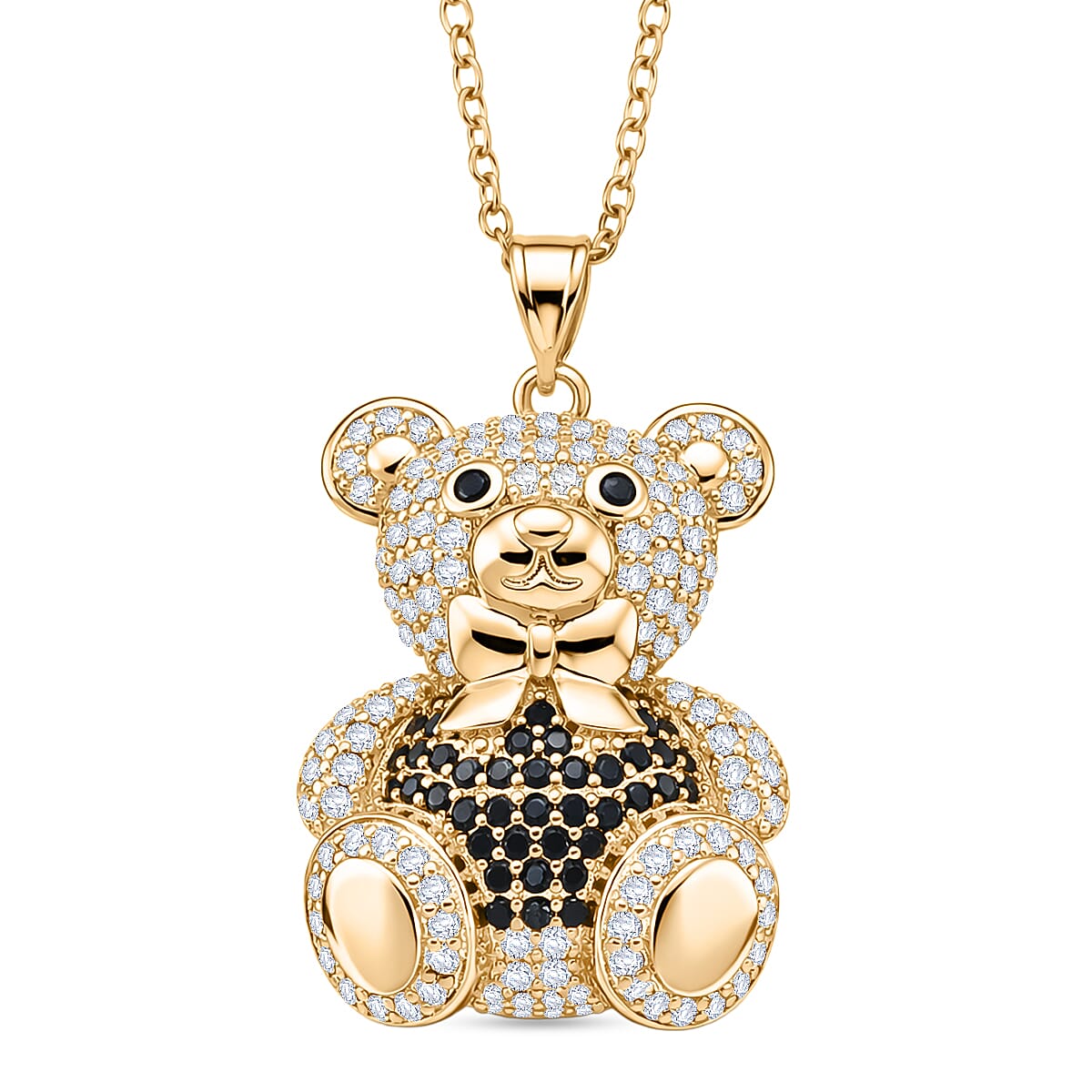 Designer Inspired-  Cubic Zirconia Teddy Bear Pendant with Chain (Size 20) in Yellow Gold Plated- Black V32512785 0
