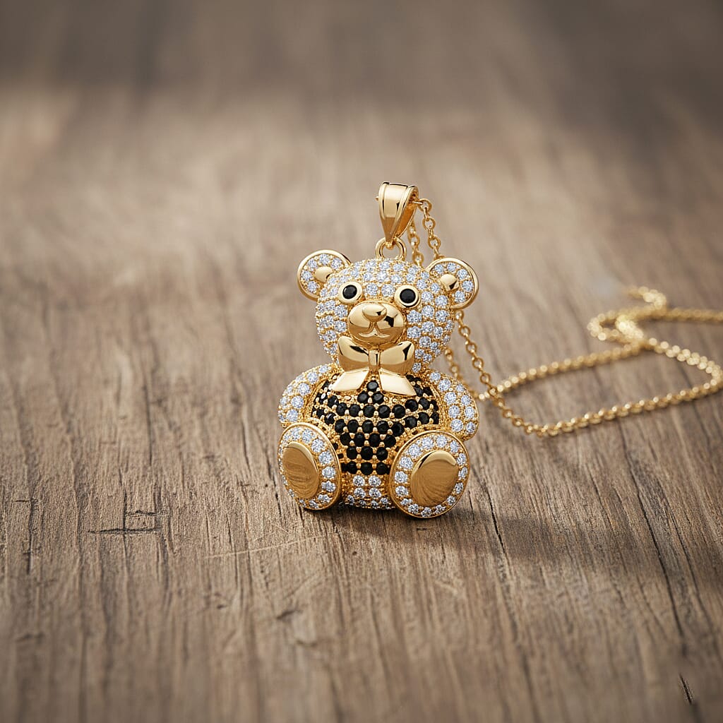 Designer Inspired-  Cubic Zirconia Teddy Bear Pendant with Chain (Size 20) in Yellow Gold Plated- Black V32512785 2