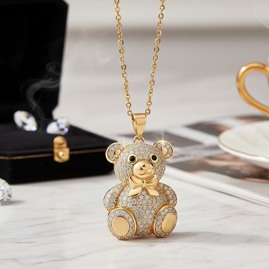 Designer Inspired - Cubic Zirconia Teddy Bear Pendant with Chain (Size 20) in Yellow Gold Tone - White V32513013 2