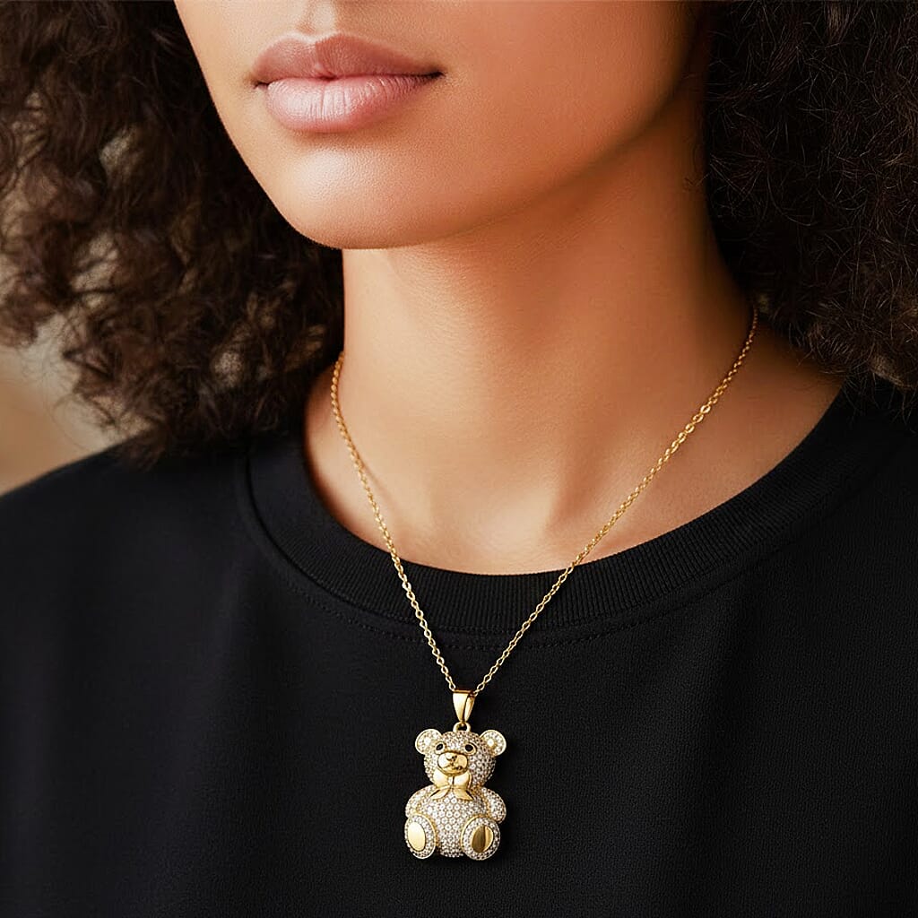 Designer Inspired - Cubic Zirconia Teddy Bear Pendant with Chain (Size 20) in Yellow Gold Tone - White V32513013 3