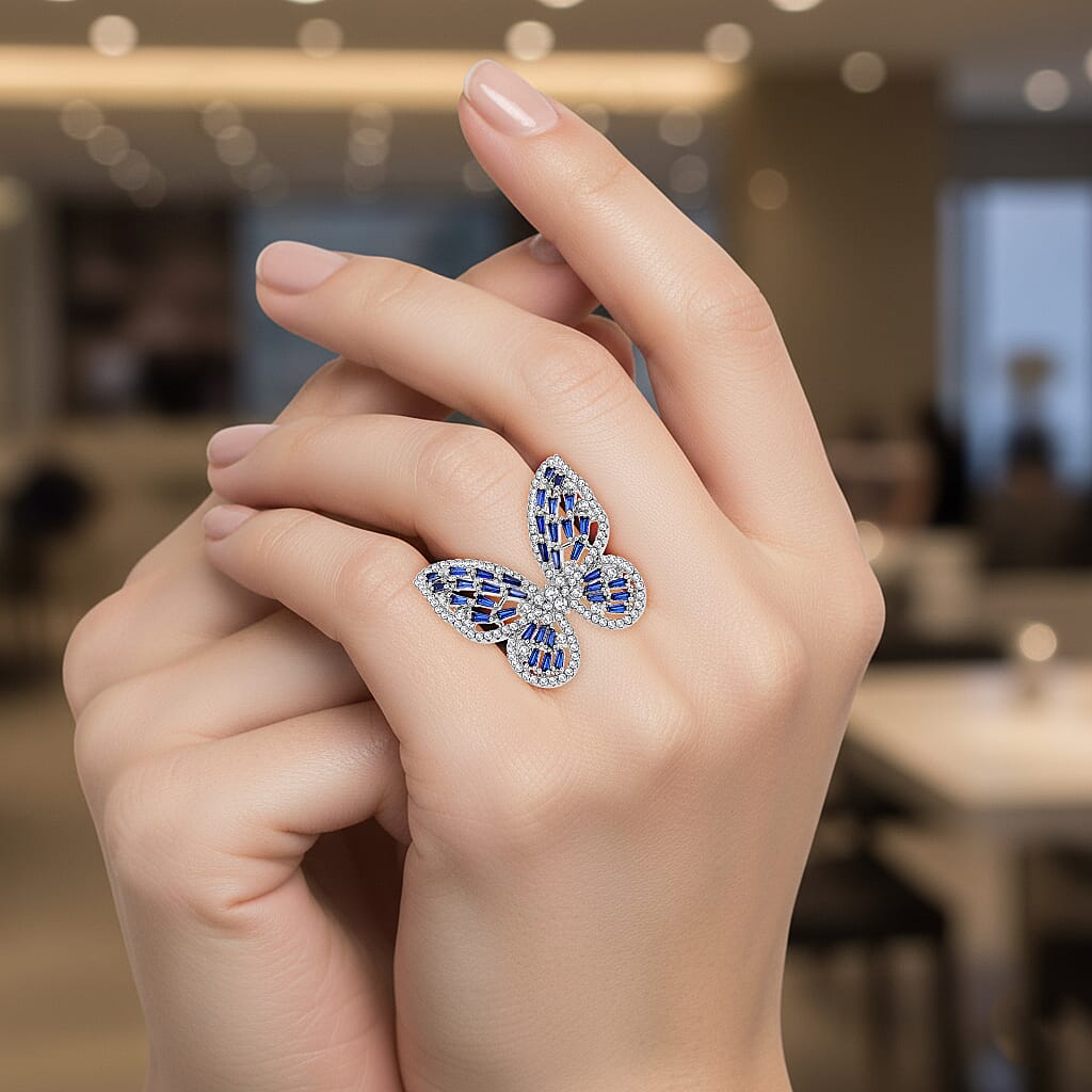 White Cubic Zirconia &amp; Blue Crystal Butterfly Adjustable Ring V32371441 3