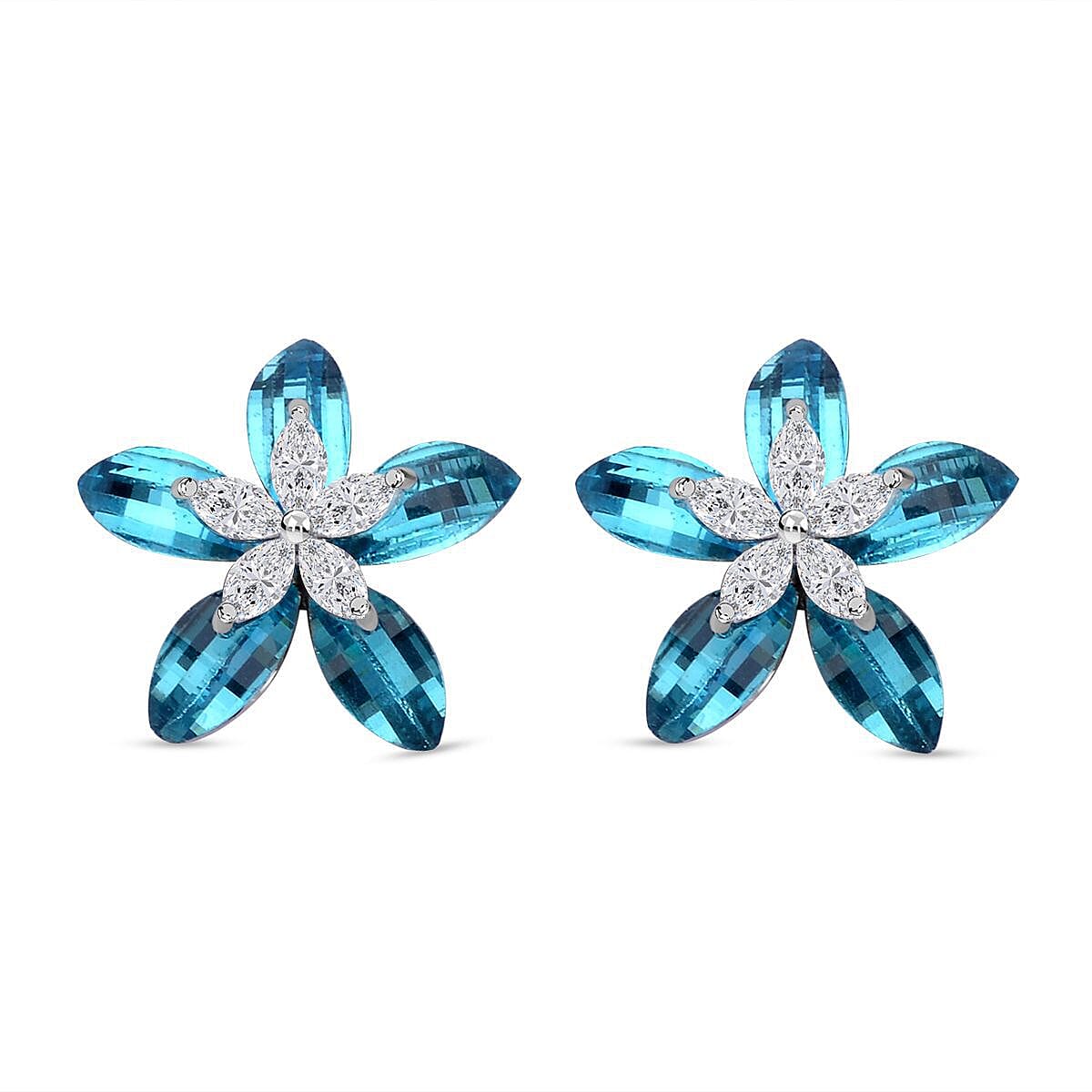 White Cubic Zirconia and  Blue Cubic Zirconia Plumeria floral Earrings 7272959 0