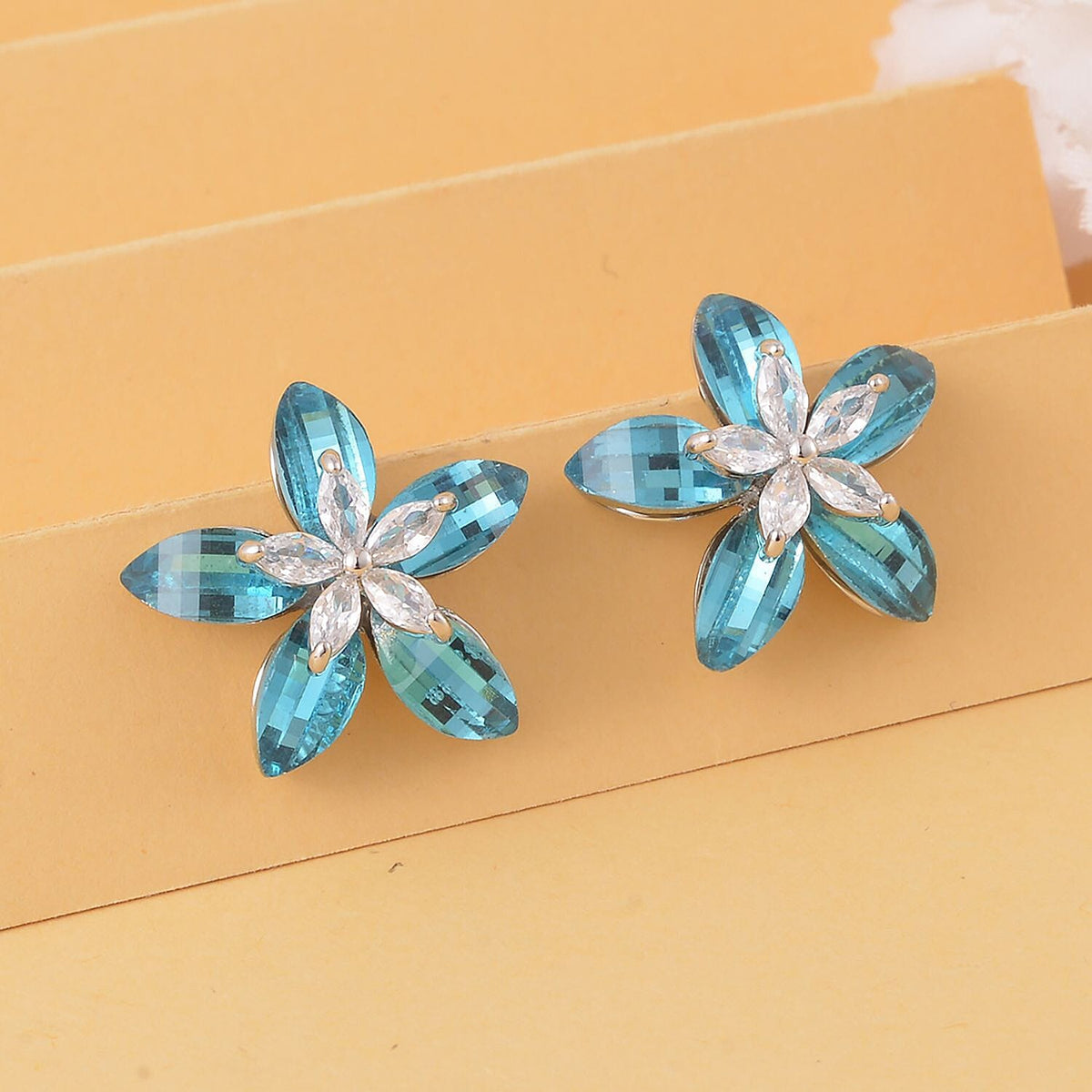 White Cubic Zirconia and  Blue Cubic Zirconia Plumeria floral Earrings 7272959 2