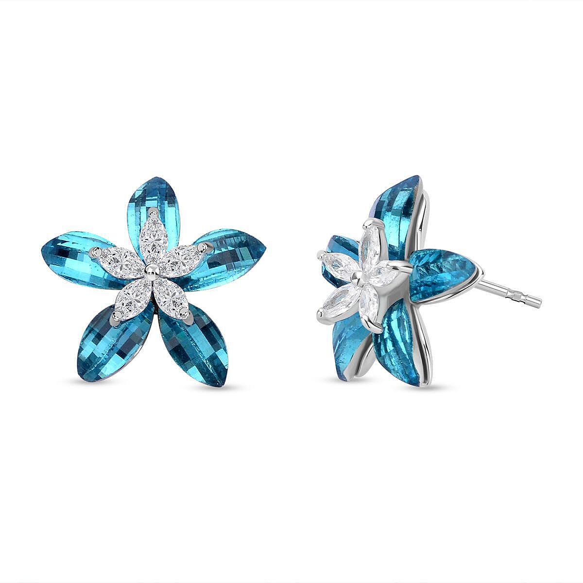White Cubic Zirconia and  Blue Cubic Zirconia Plumeria floral Earrings 7272959 4