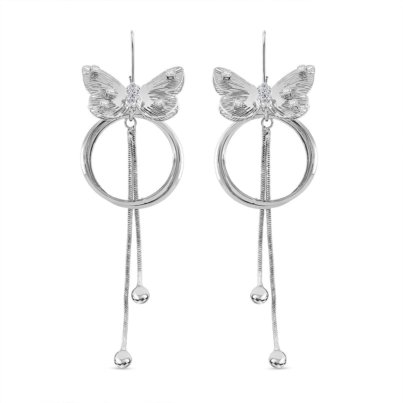 White Cubic Zirconia Dangling Earring with Hook in White Gold Plated