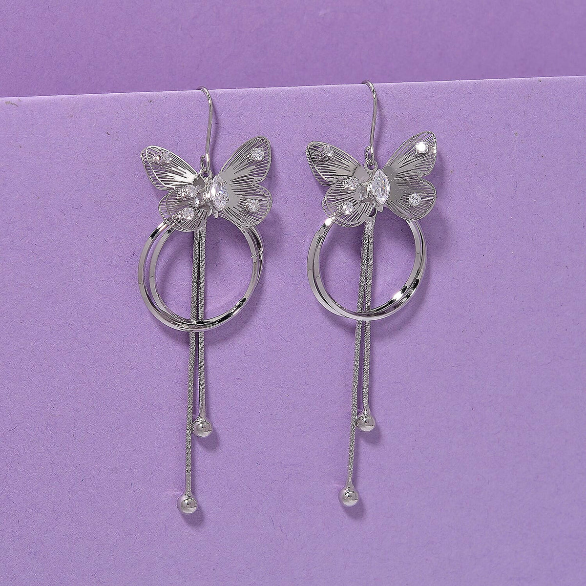 White Cubic Zirconia Dangling Earring with Hook in White Gold Plated V32639525 2