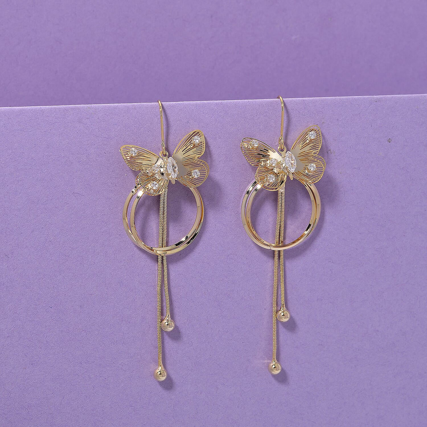 White Cubic Zirconia Dangling Earring with Hook in Yellow Gold Plated 8254453 1