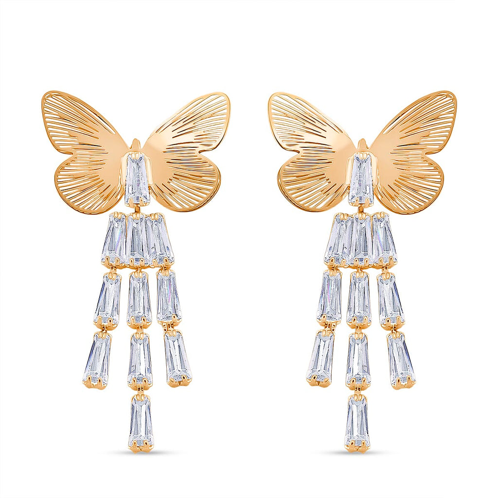 White Cubic Zirconia Dangling Butterfly Earring with Push Back in Yellow Gold Plated 1.00 Ct.