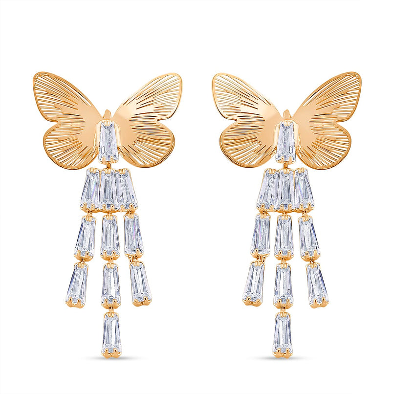 White Cubic Zirconia Dangling Butterfly Earring with Push Back in Yellow Gold Plated 1.00 Ct.