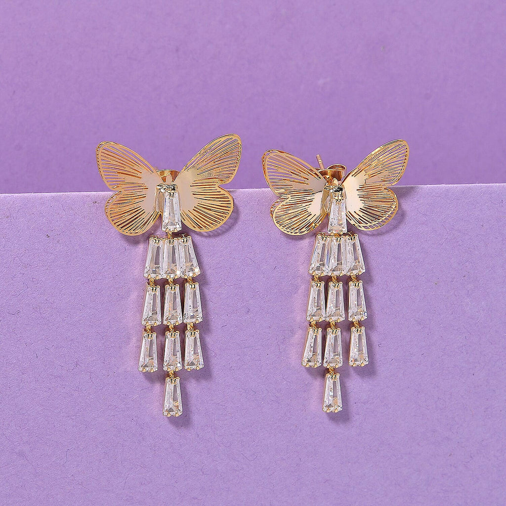 White Cubic Zirconia Dangling Butterfly Earring with Push Back in Yellow Gold Plated 1.00 Ct.