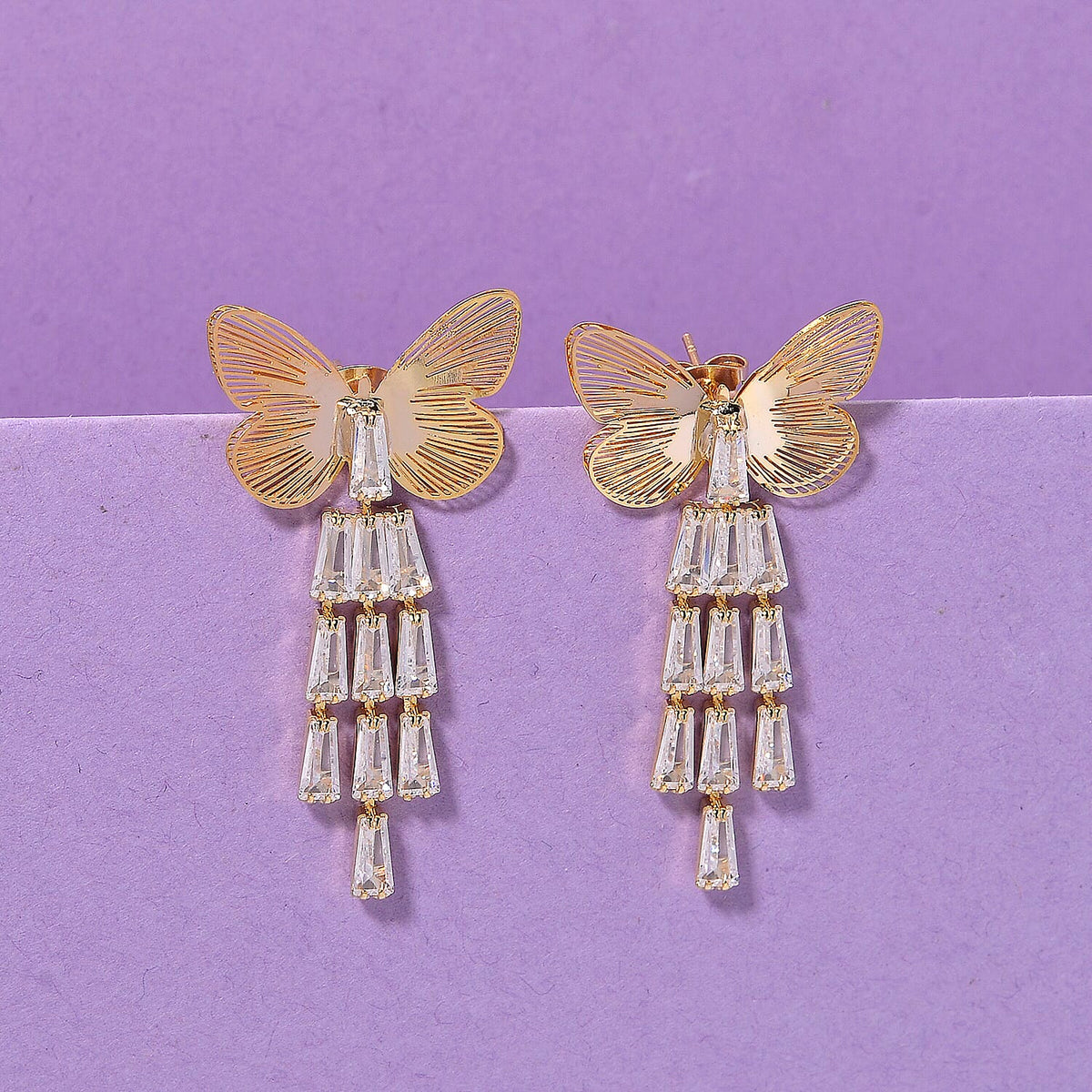 White Cubic Zirconia Dangling Butterfly Earring with Push Back in Yellow Gold Plated 1.00 Ct. 8254449 2