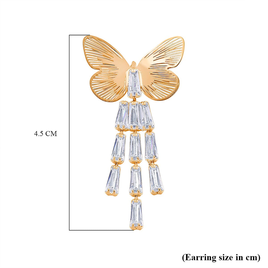 White Cubic Zirconia Dangling Butterfly Earring with Push Back in Yellow Gold Plated 1.00 Ct.