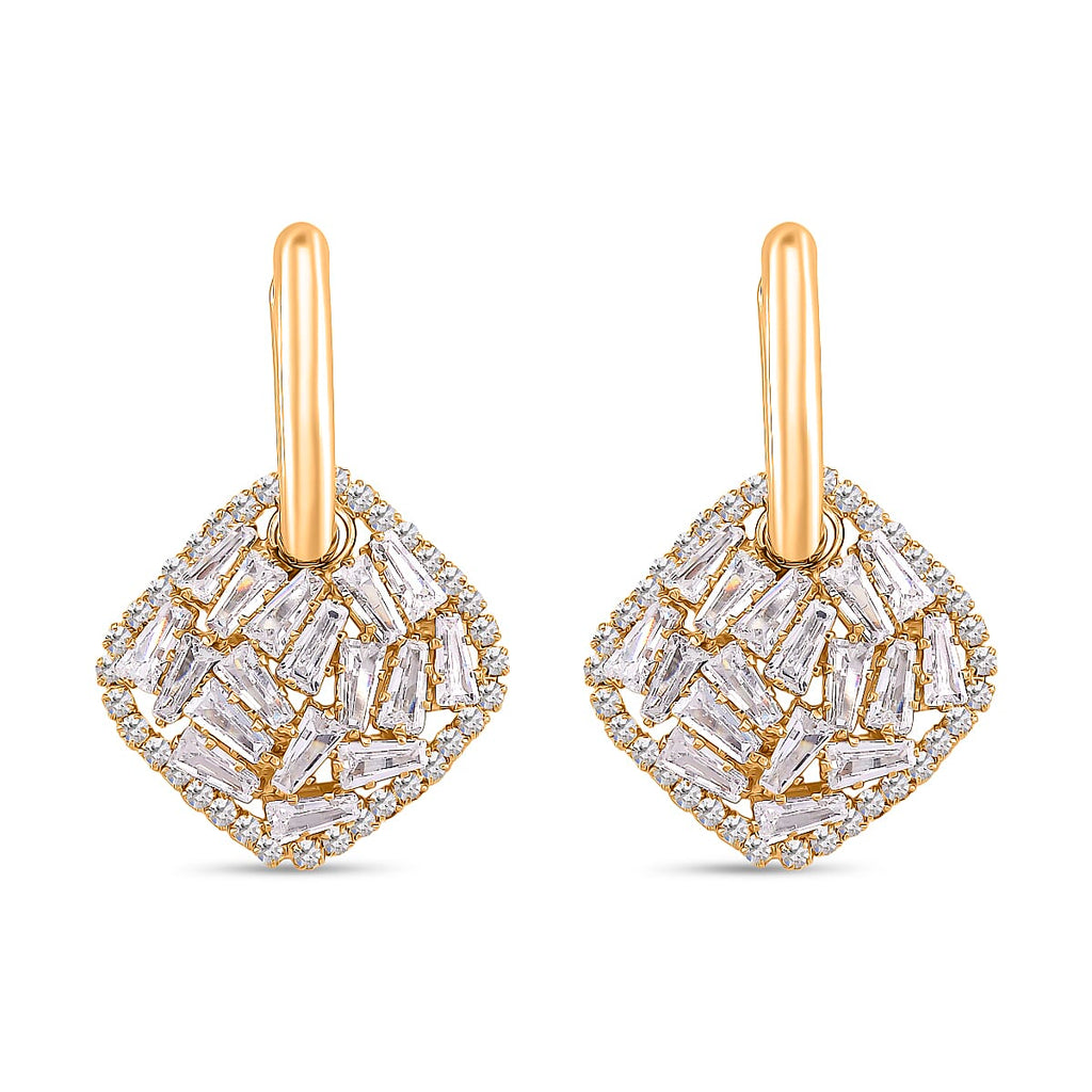 White Cubic Zirconia Dangling Earring Cum Pendent with Clasp in Yellow Gold Plated 6.00 Ct.