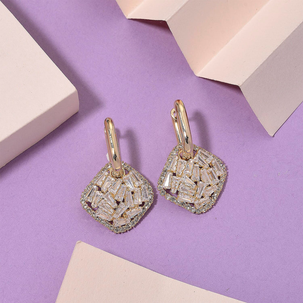 White Cubic Zirconia Dangling Earring Cum Pendent with Clasp in Yellow Gold Plated 6.00 Ct.