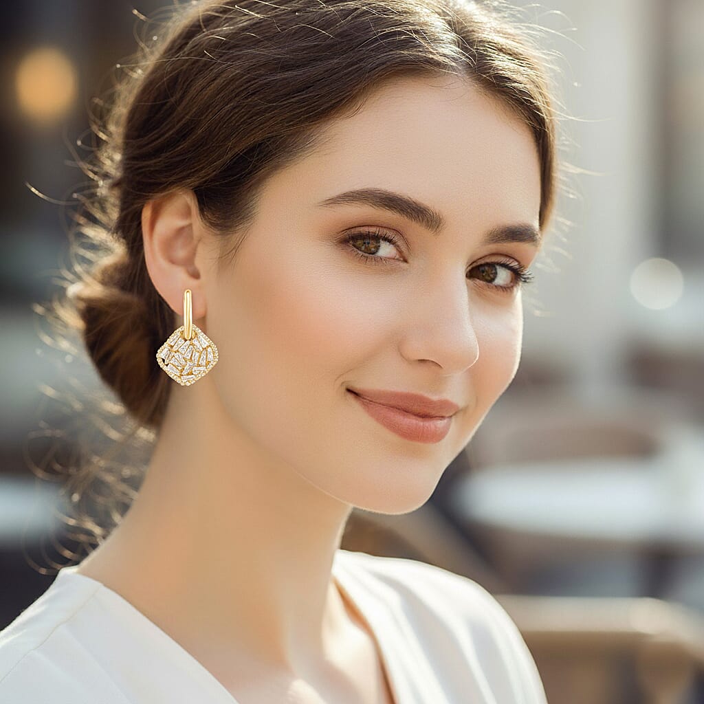 White Cubic Zirconia Dangling Earring Cum Pendent with Clasp in Yellow Gold Plated 6.00 Ct. 8254463 3