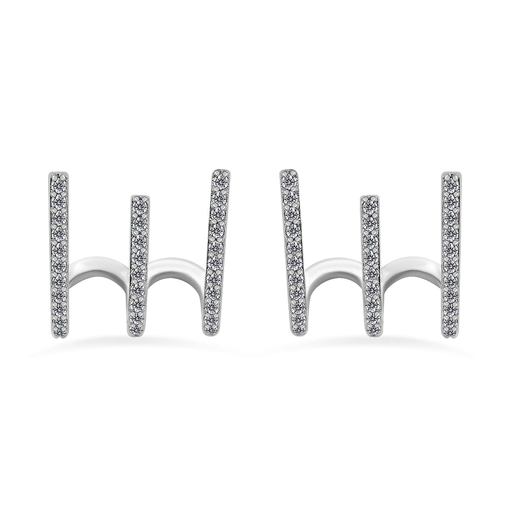 Simulate Diamod 3 Claw Cluff Earrings in Silver Tone
