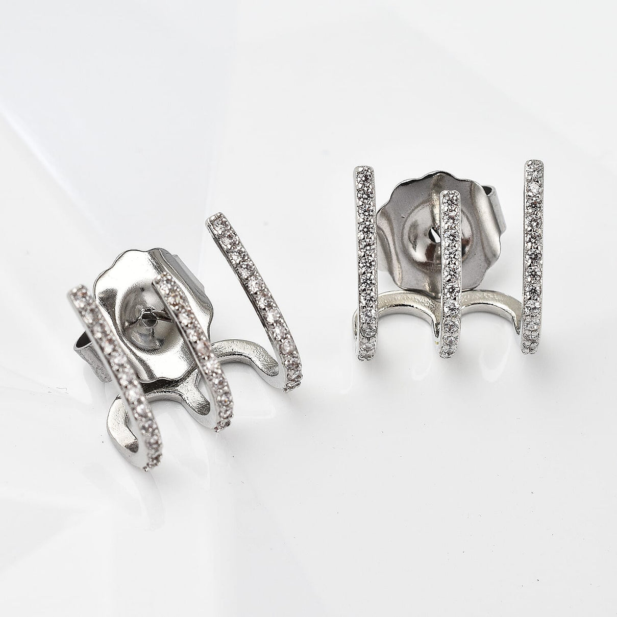 Simulated Diamond 3 Claw Cluff Earrings in Silver Tone 7595109 1