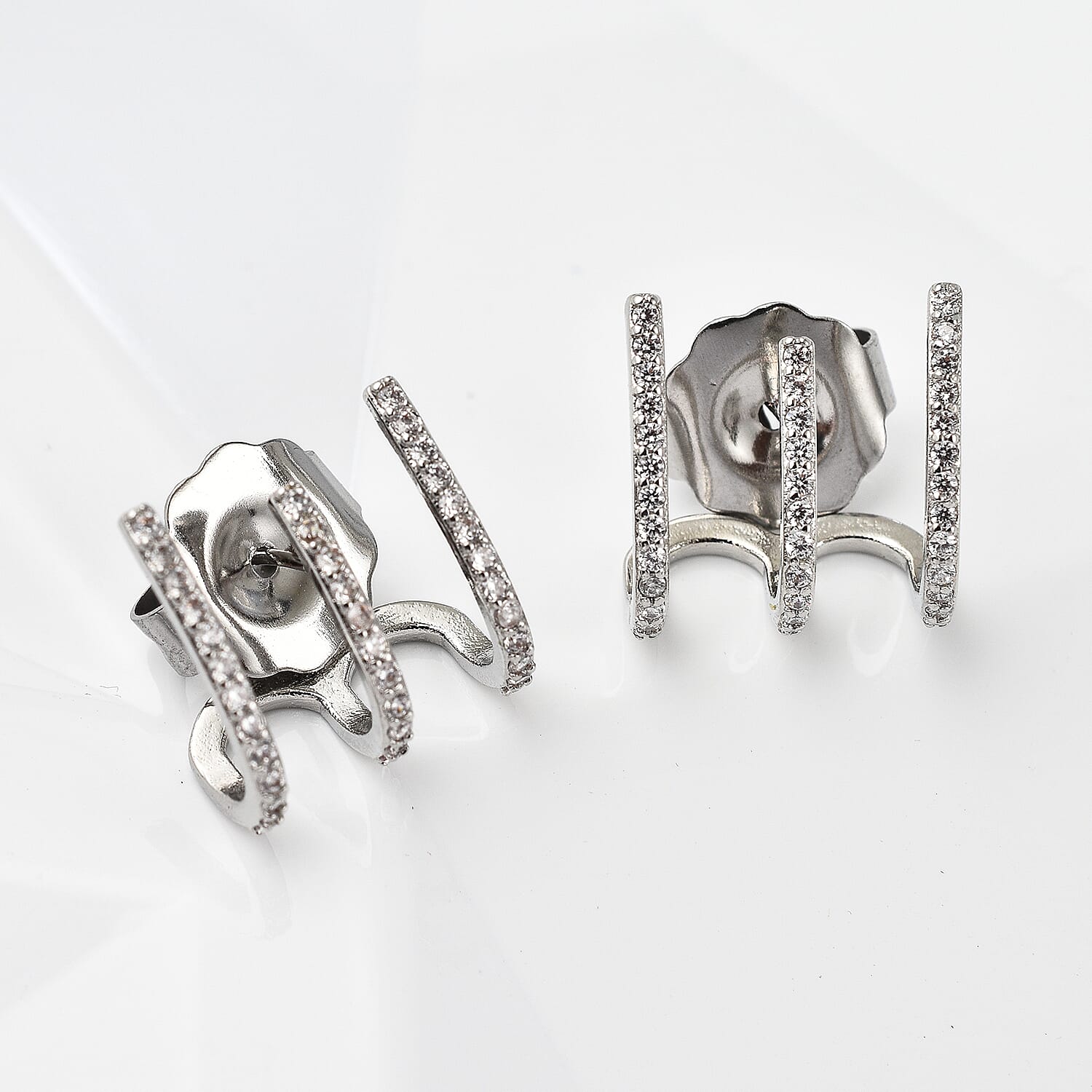 Simulated Diamond 3 Claw Cluff Earrings in Silver Tone 7595109 1