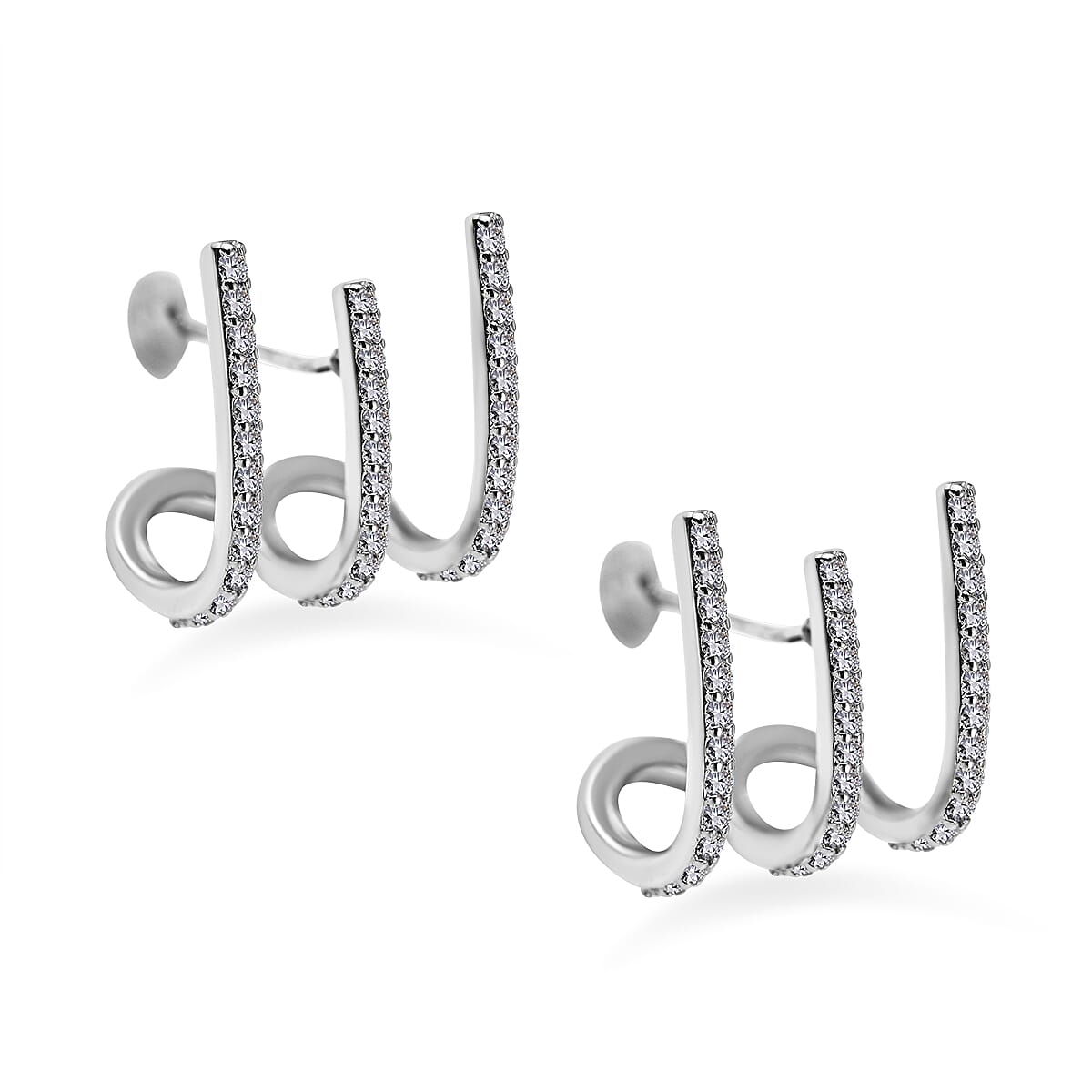Simulated Diamond 3 Claw Cluff Earrings in Silver Tone 7595109 3