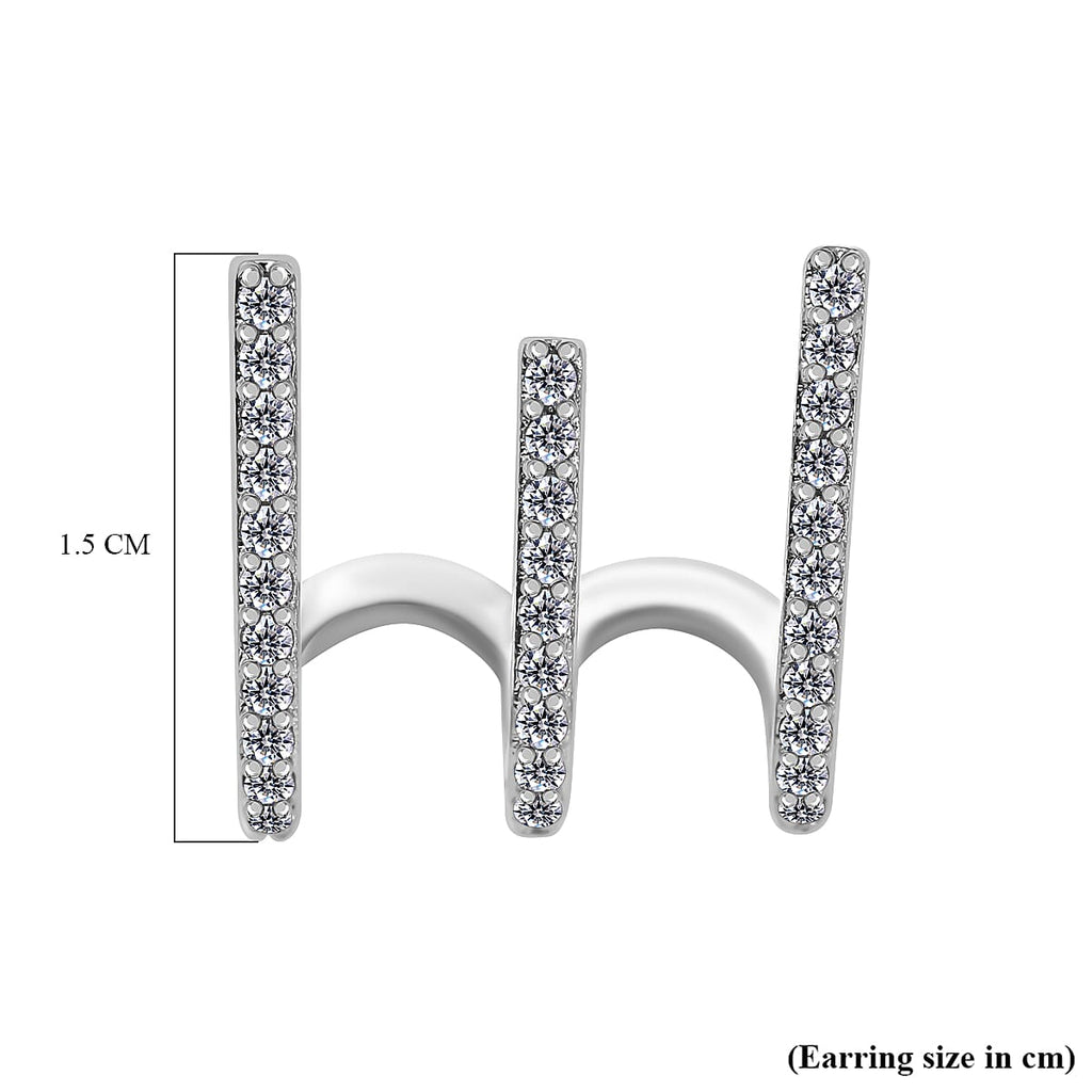 Simulate Diamod 3 Claw Cluff Earrings in Silver Tone