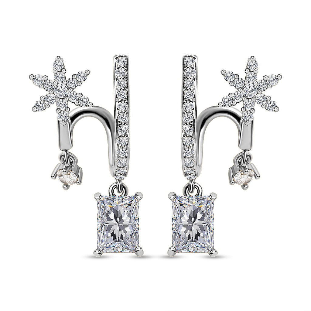 Simulated Diamond Double-Layered Floral Earrings in Silver Tone