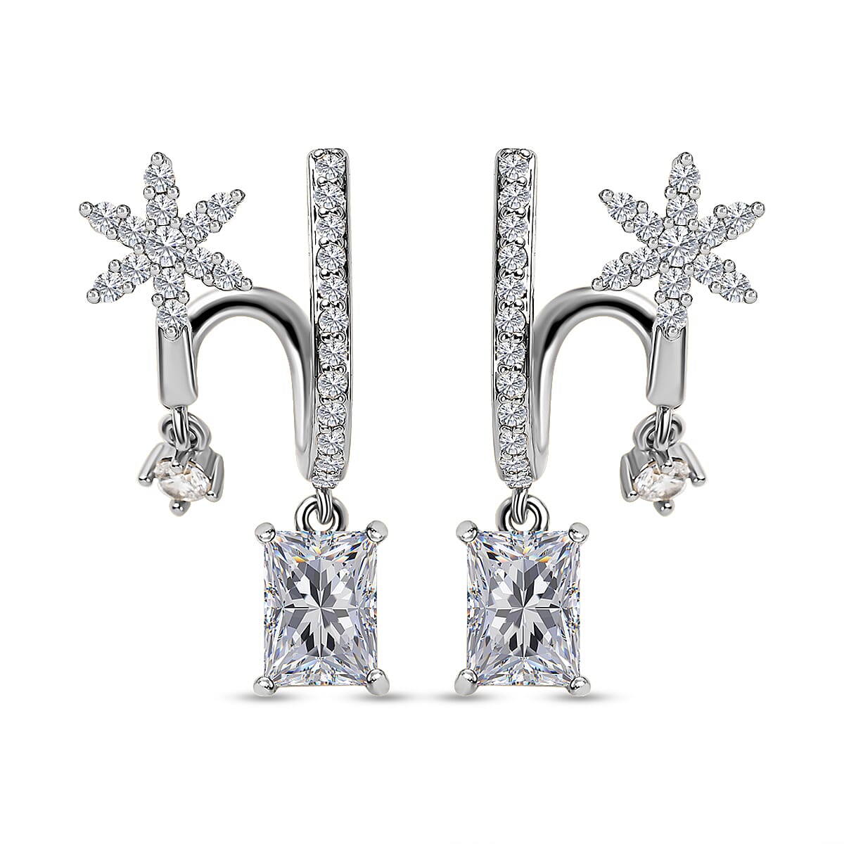Simulated Diamond Double-Layered Floral Earrings in Silver Tone 7595124 0