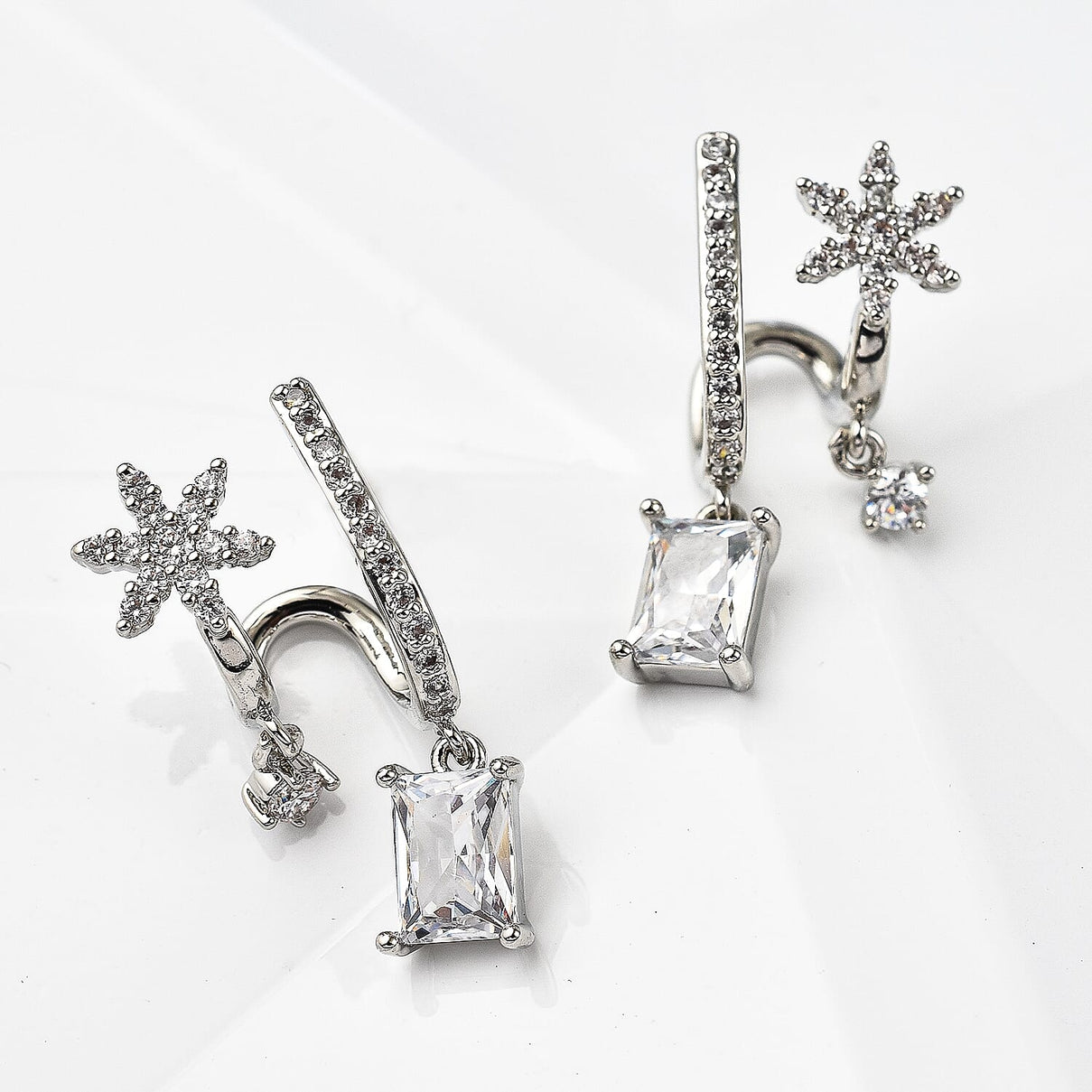 Simulated Diamond Double-Layered Floral Earrings in Silver Tone 7595124 1