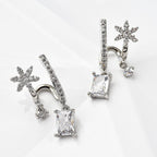 Simulated Diamond Double-Layered Floral Earrings in Silver Tone