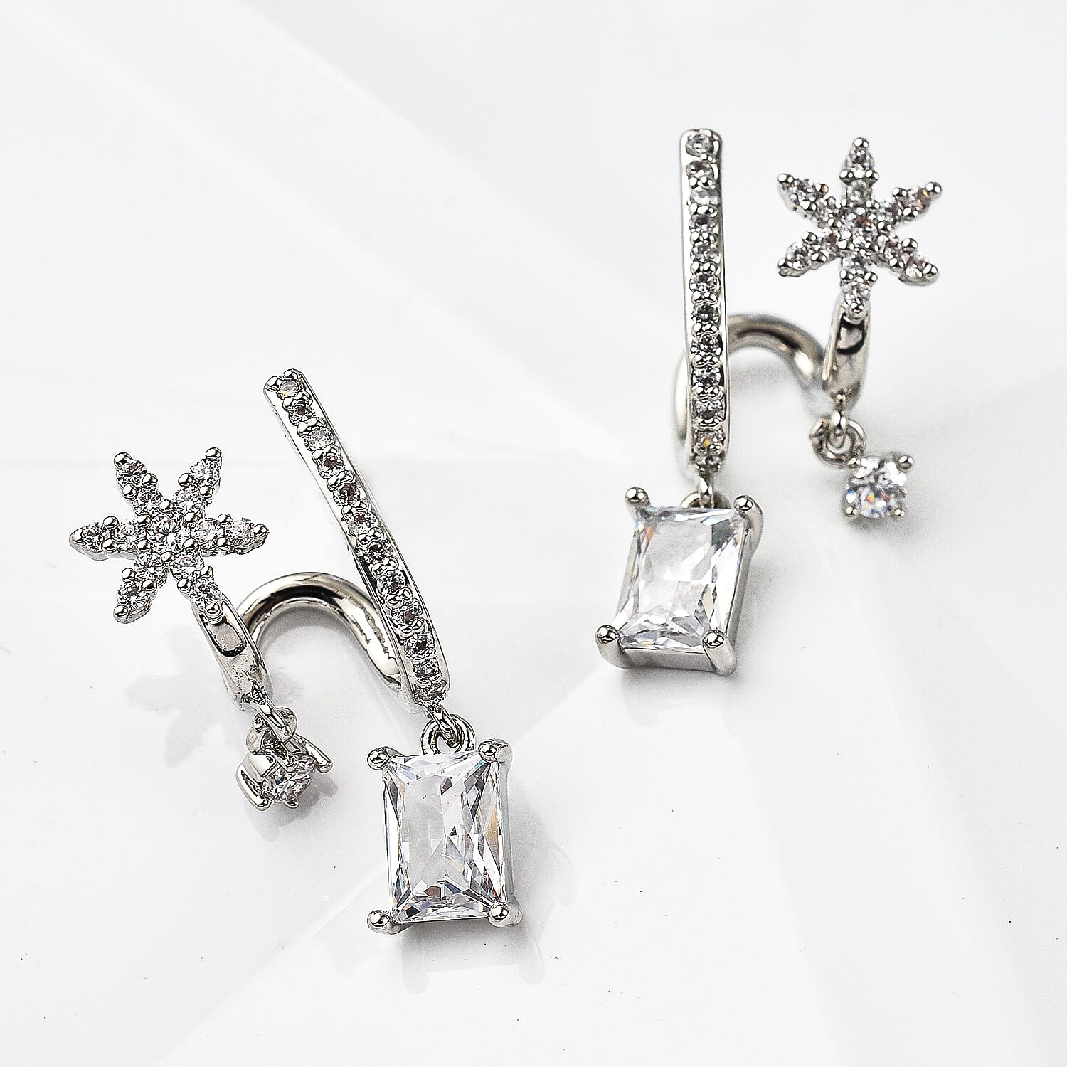 Simulated Diamond Double-Layered Floral Earrings in Silver Tone 7595124 1