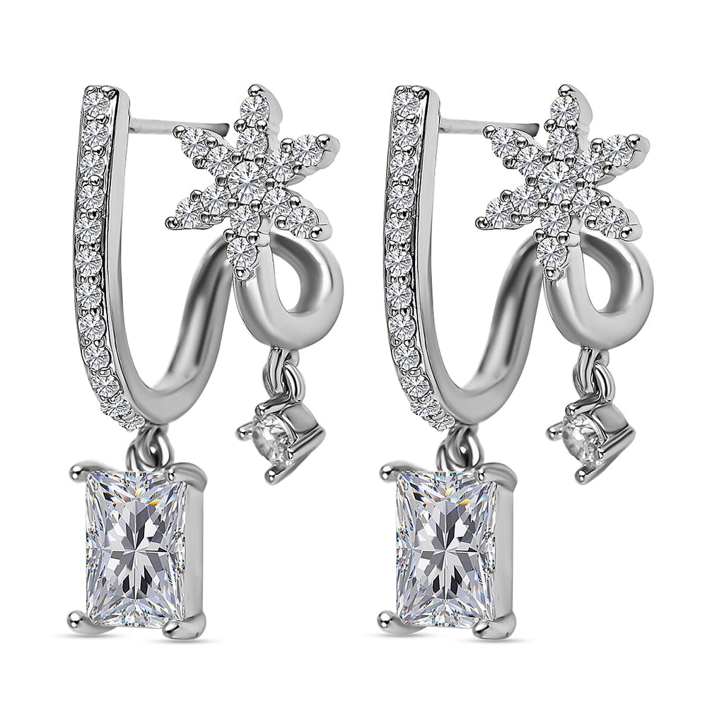 Simulated Diamond Double-Layered Floral Earrings in Silver Tone