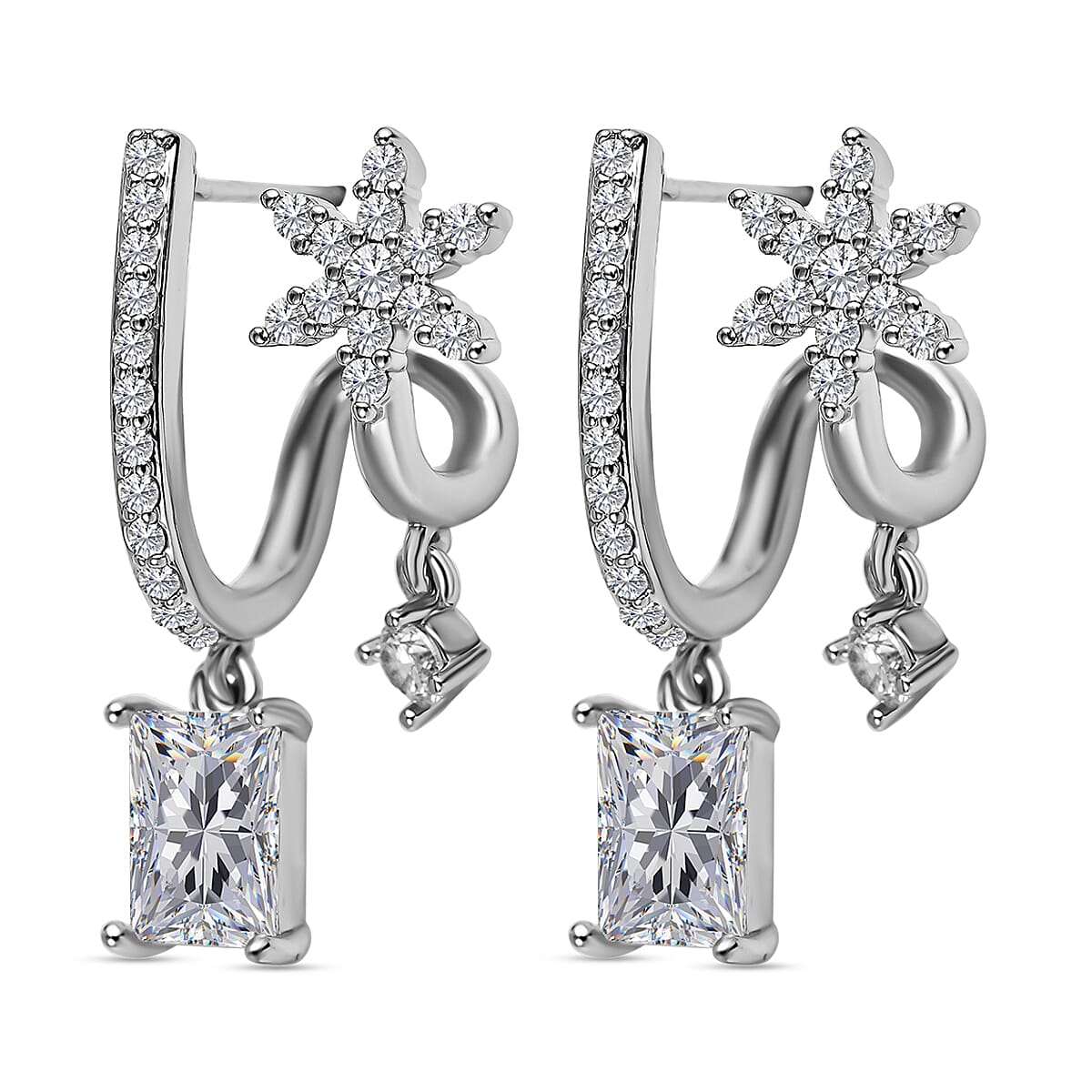 Simulated Diamond Double-Layered Floral Earrings in Silver Tone 7595124 3